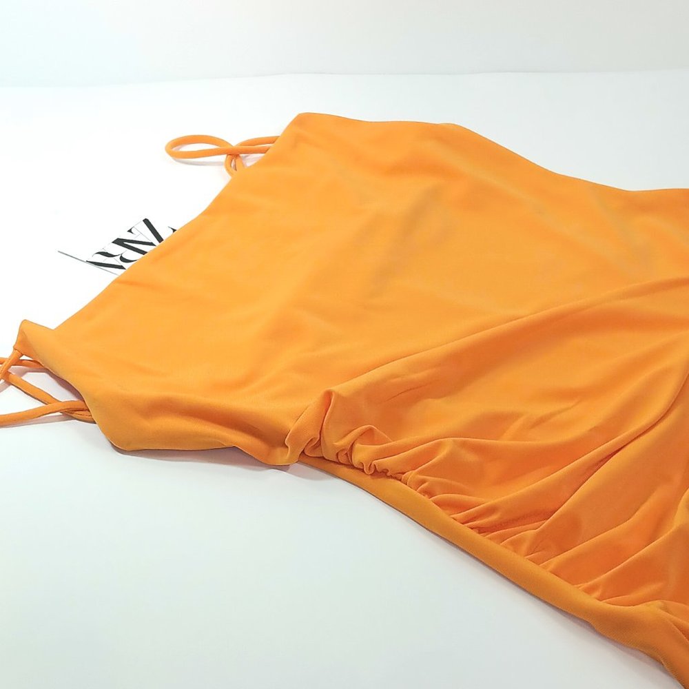 Zara Draped Slip Dress Womens Small Orange Sleeveless Ruched Midi Dress New